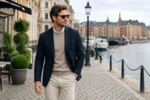 Elegant man klädd i kavaj, stickad tröja och chinos som visar en klassisk svensk herrstil