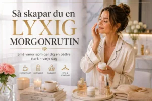 Kvinna som njuter av en lugn morgonrutin med hudvård, kaffe och en avslappnad atmosfär