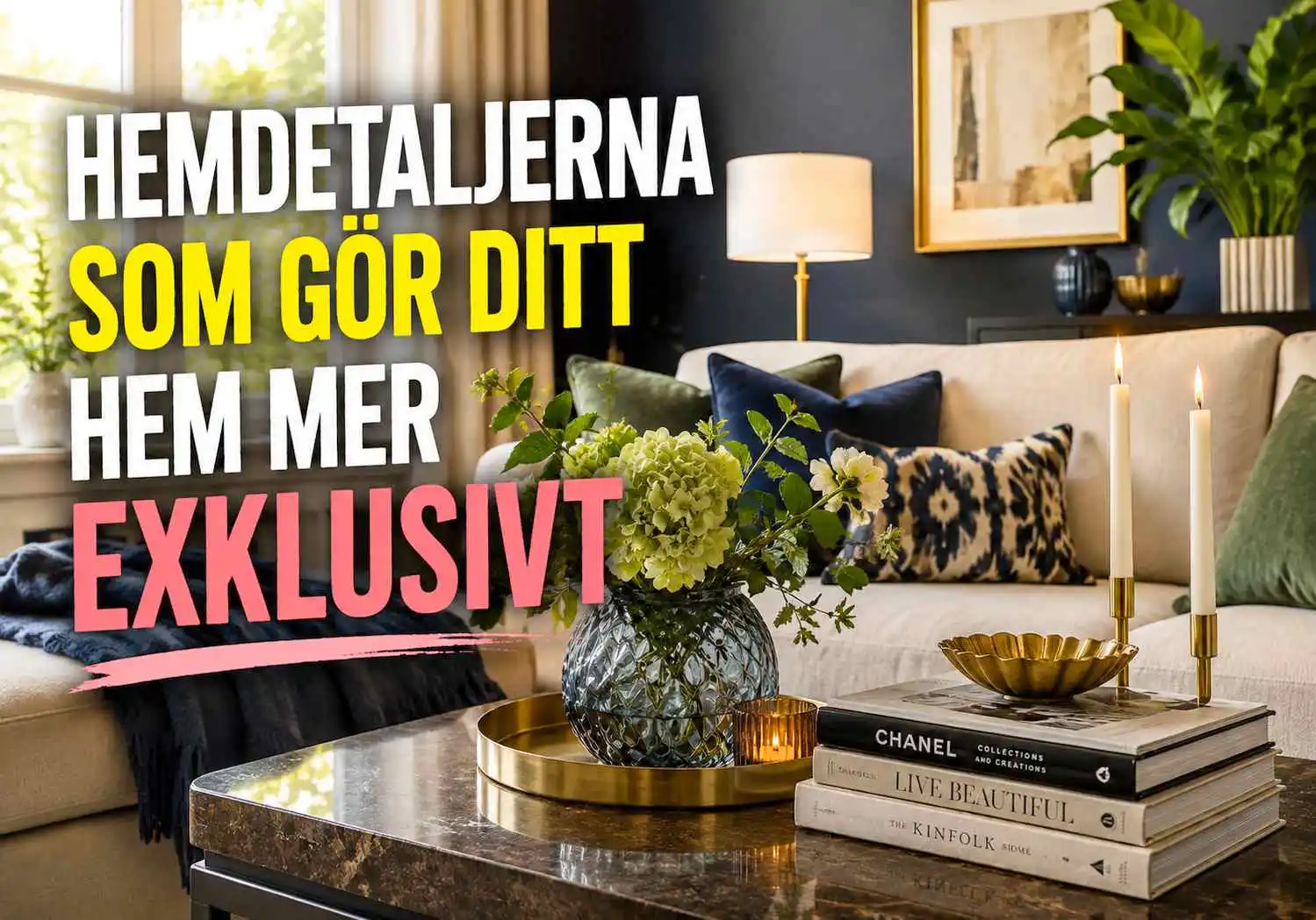 Modernt vardagsrum med marmorbord, designvas, ljus och exklusiva dekorationsdetaljer