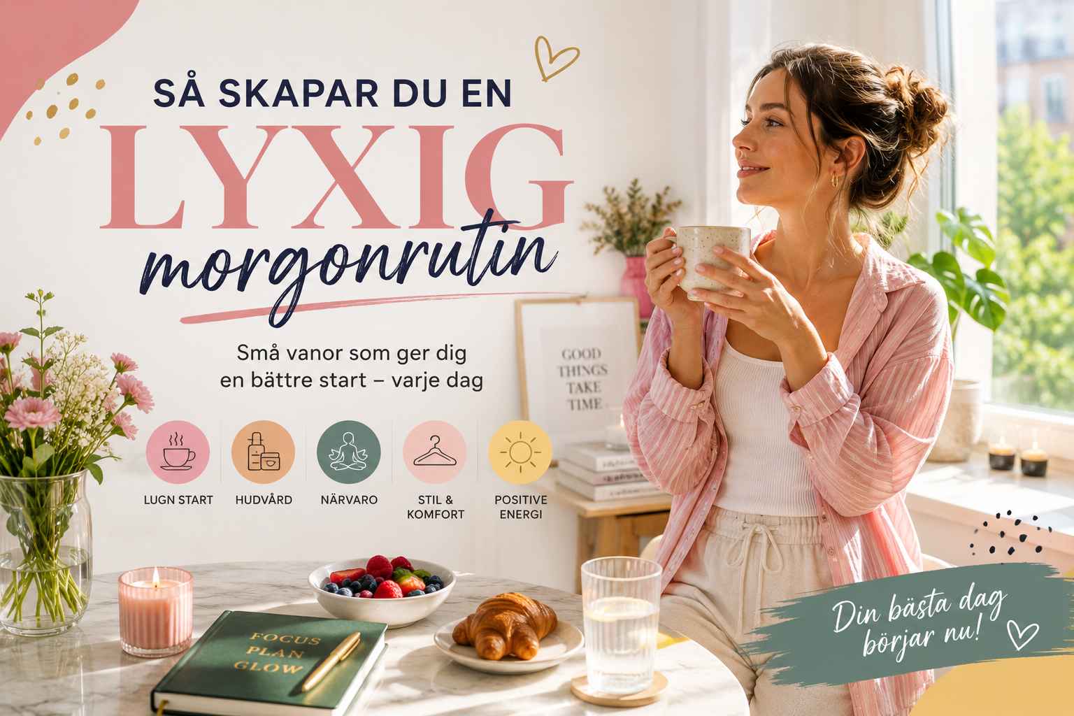 Leende kvinna med kaffekopp i ett ljust hem som symboliserar en lyxig och harmonisk morgonrutin