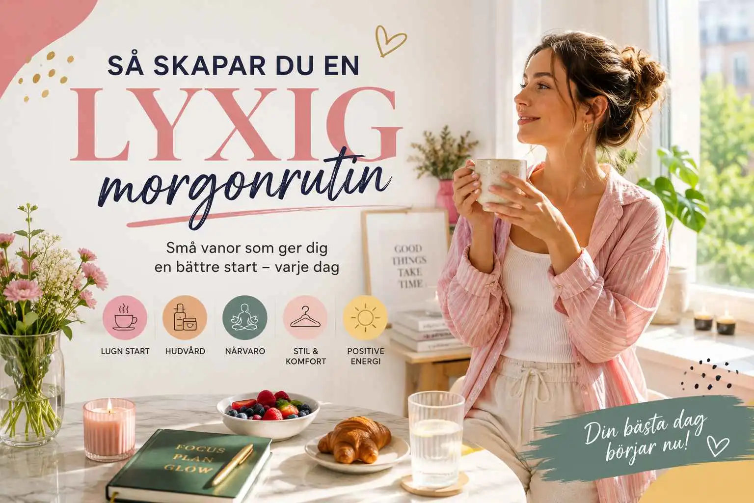 Leende kvinna med kaffekopp i ett ljust hem som symboliserar en lyxig och harmonisk morgonrutin