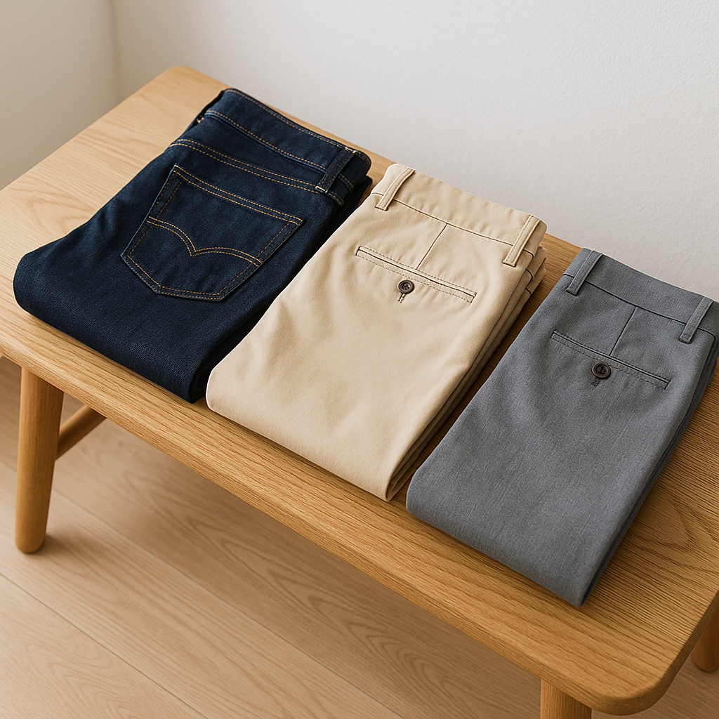 Mörka jeans chinos och kostymbyxor i en modern herrgarderob