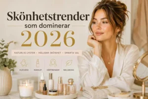 Kvinna med naturlig makeup och hudvårdsprodukter som visar skönhetstrenderna 2026
