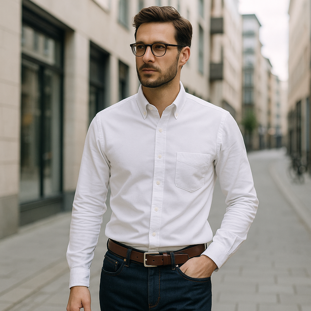 Vit Oxfordskjorta och mörka jeans som basplagg för män